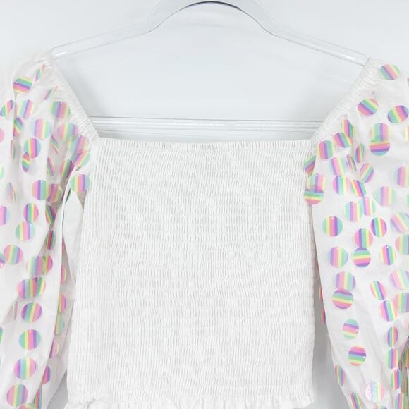 Queen of Sparkles White Smocked Top Iridescent Sequin Polka Dot Womens Size XS - Picture 12 of 14